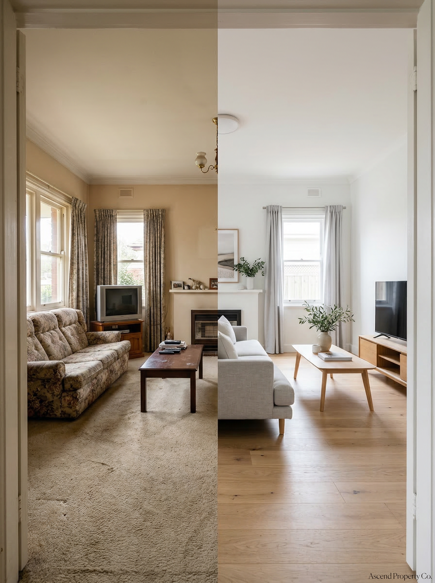 Living room transformation — before and after by Ascend Property Co.